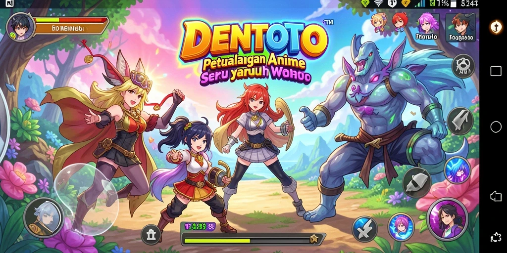 Tampilan gameplay DENTOTO menampilkan pertarungan seru karakter anime.