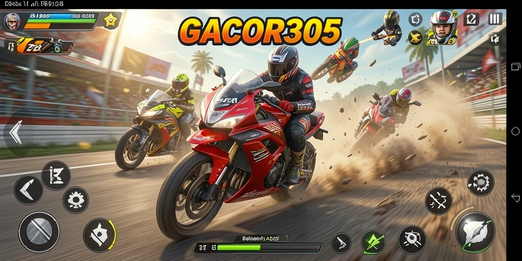 Tampilkan gameplay mendebarkan dalam GACOR305 saat berlomba dengan motor.