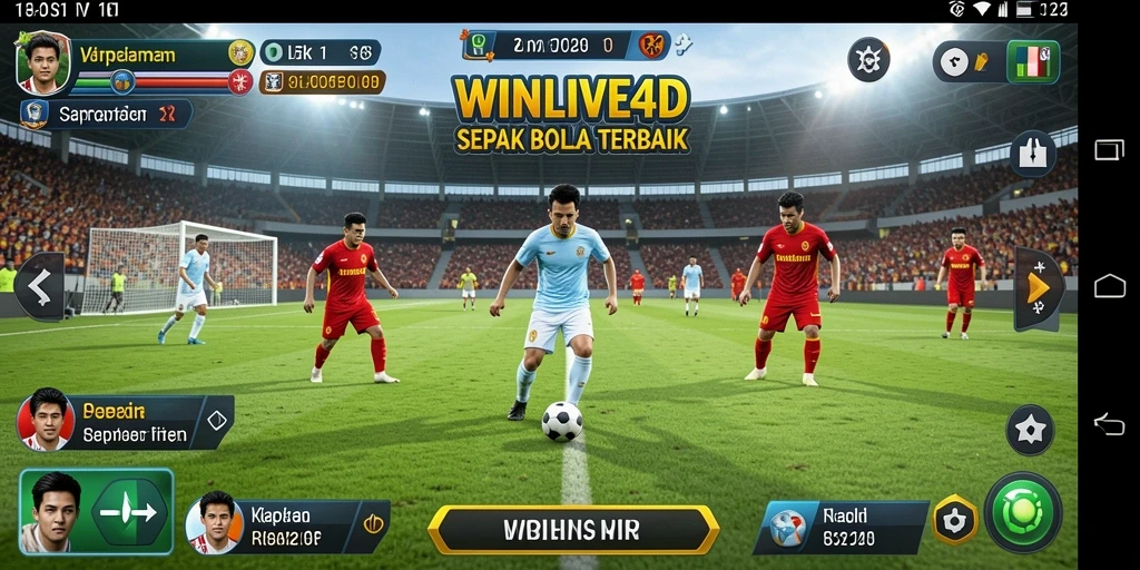 Tangkapan layar utama WINLIVE4D menampilkan aksi intens di lapangan sepak bola.